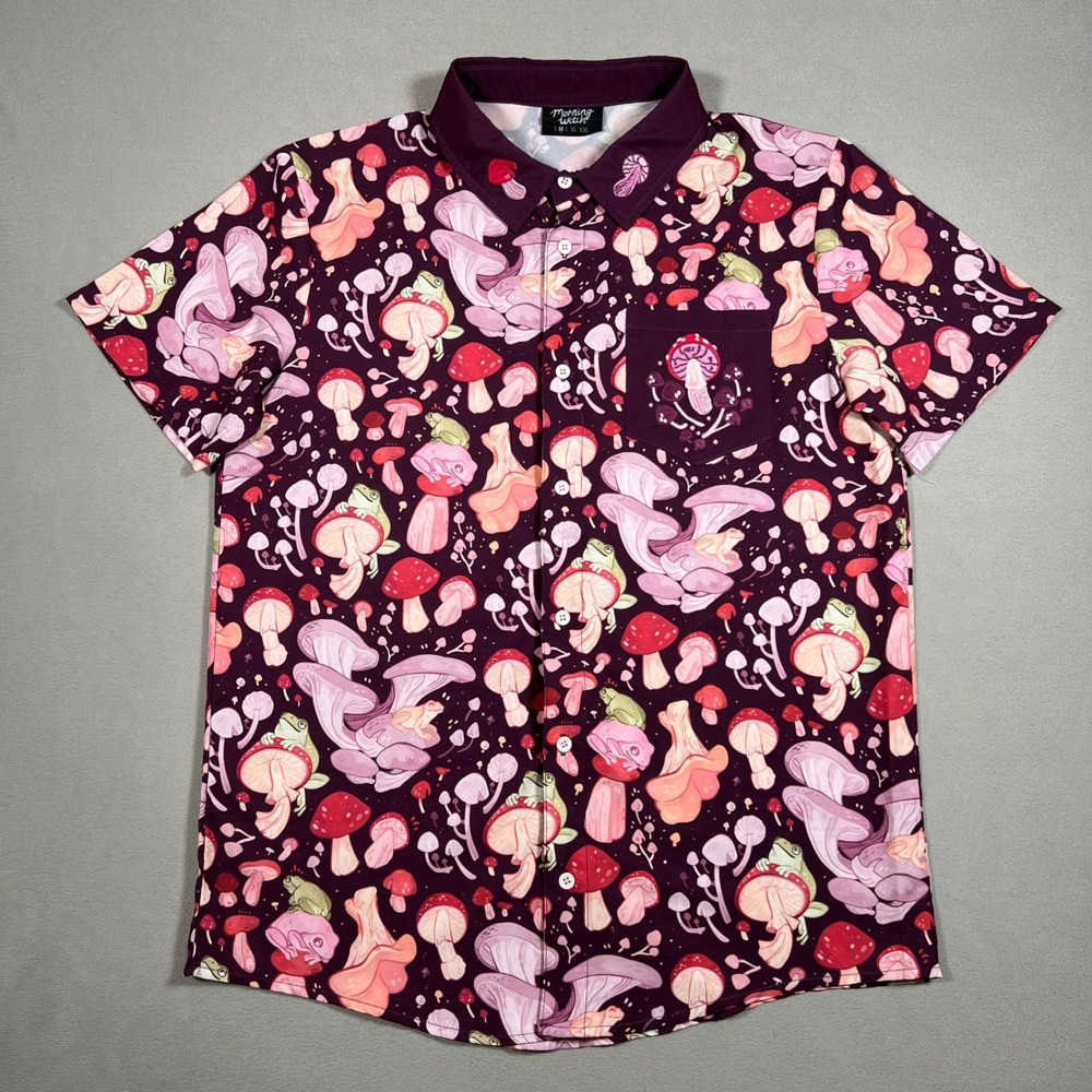 Morning Witch Mushroom Frog Garden Button Down Shirt Purple Mens M Embroidered
